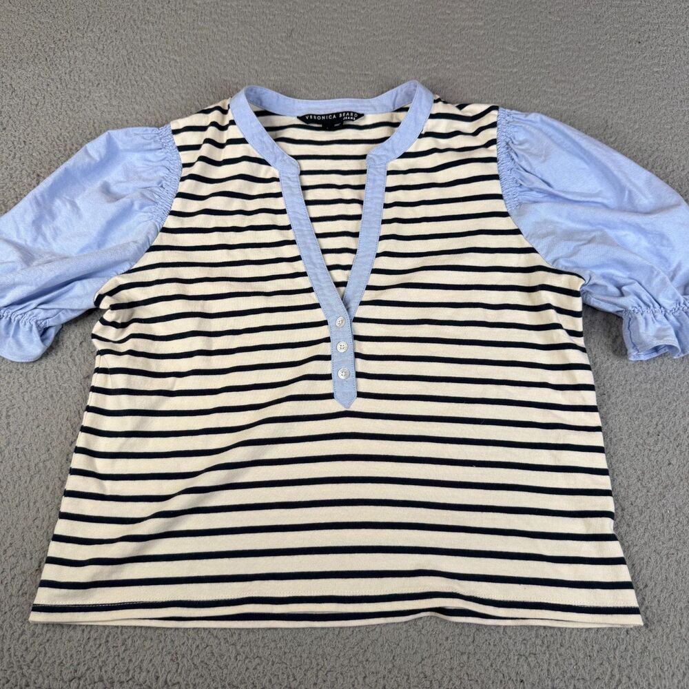 VERONICA BEARD Jeans Top Womens L Navy Blue Striped Puff Sleeve Coastal Designer